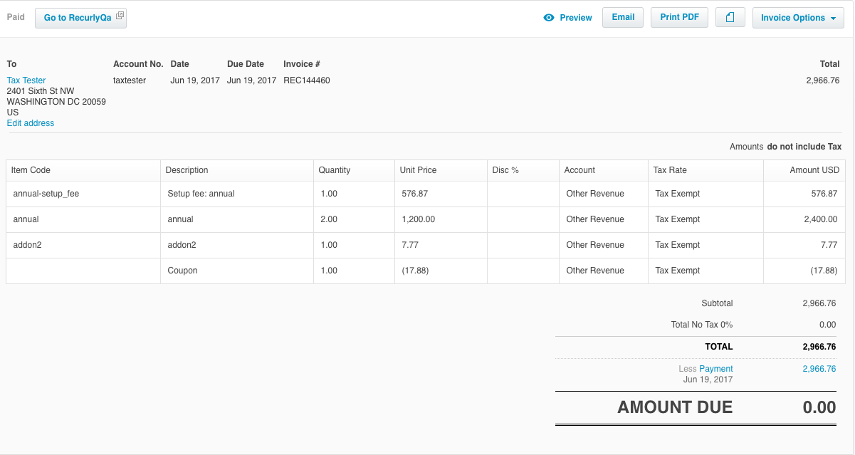 Invoice with a coupon applied in Xero