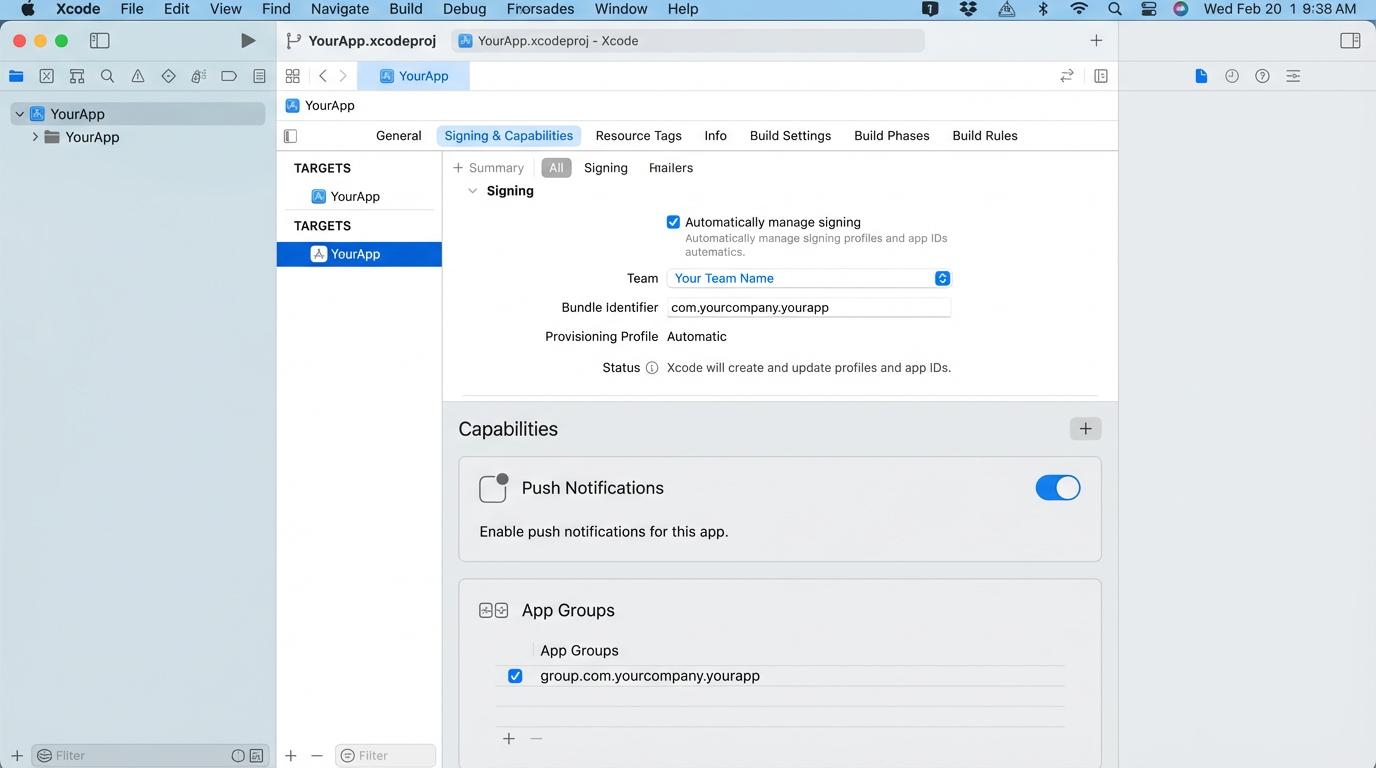 Main app capabilities — Push Notifications and App Groups enabled