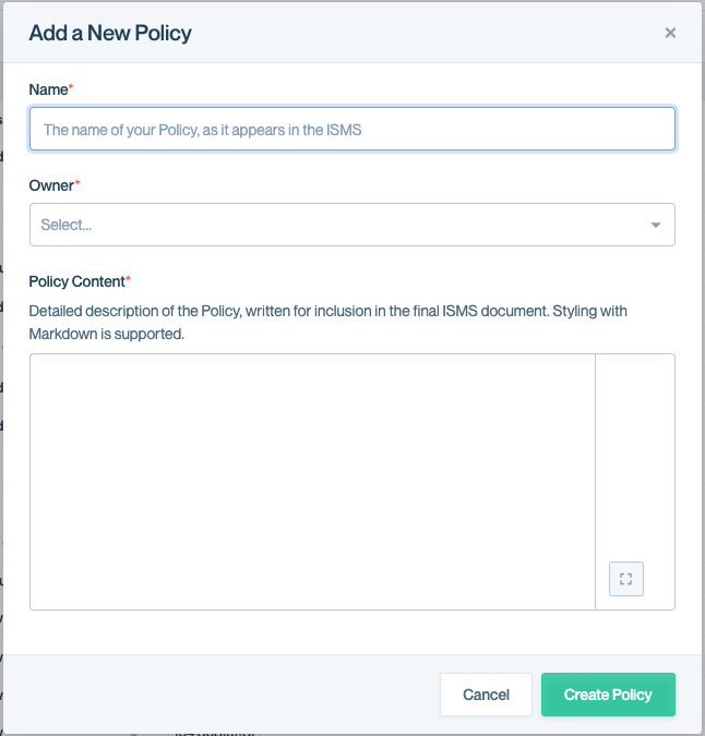 Input your Policy content in the policy library or copy/paste with markdown