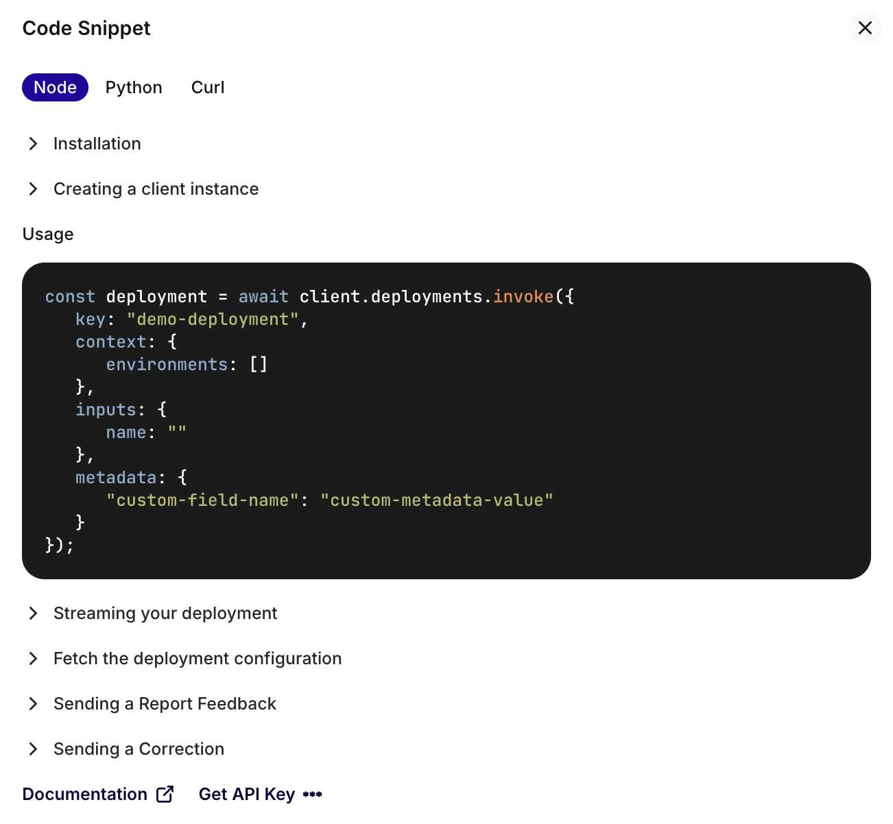 This panel contains the code necessary to deploy the selected Variant.