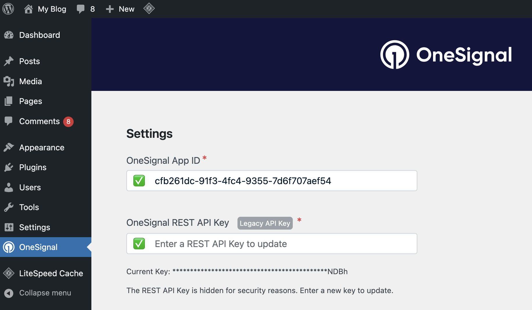 The OneSignal App ID and REST API Key should match with your OneSignal Dashboard.