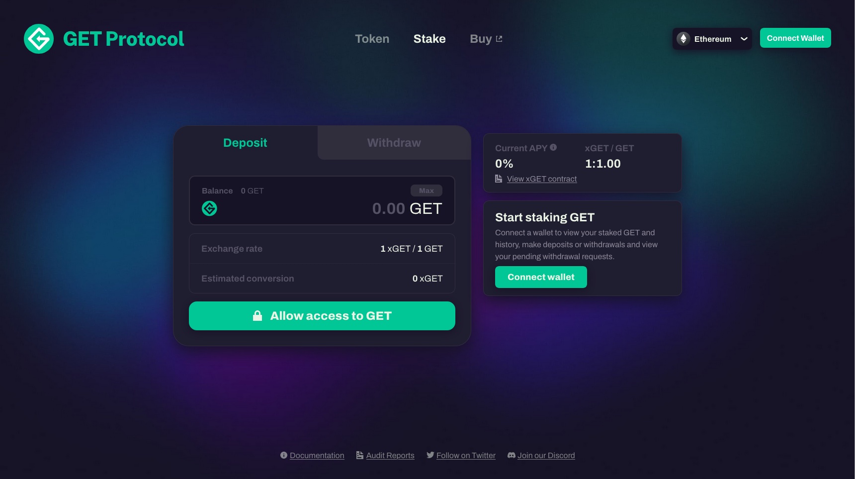 Stake your GET using the Deposit function of the token dashboard.