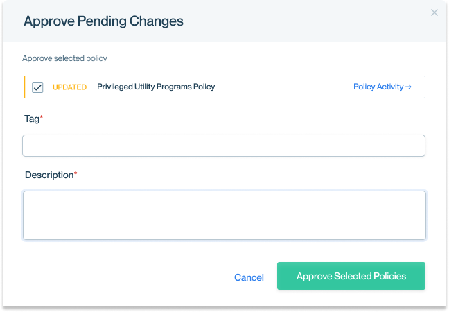 The approval modal filters to just the selected policy when clicking "Approve" from a Policy Detail View.