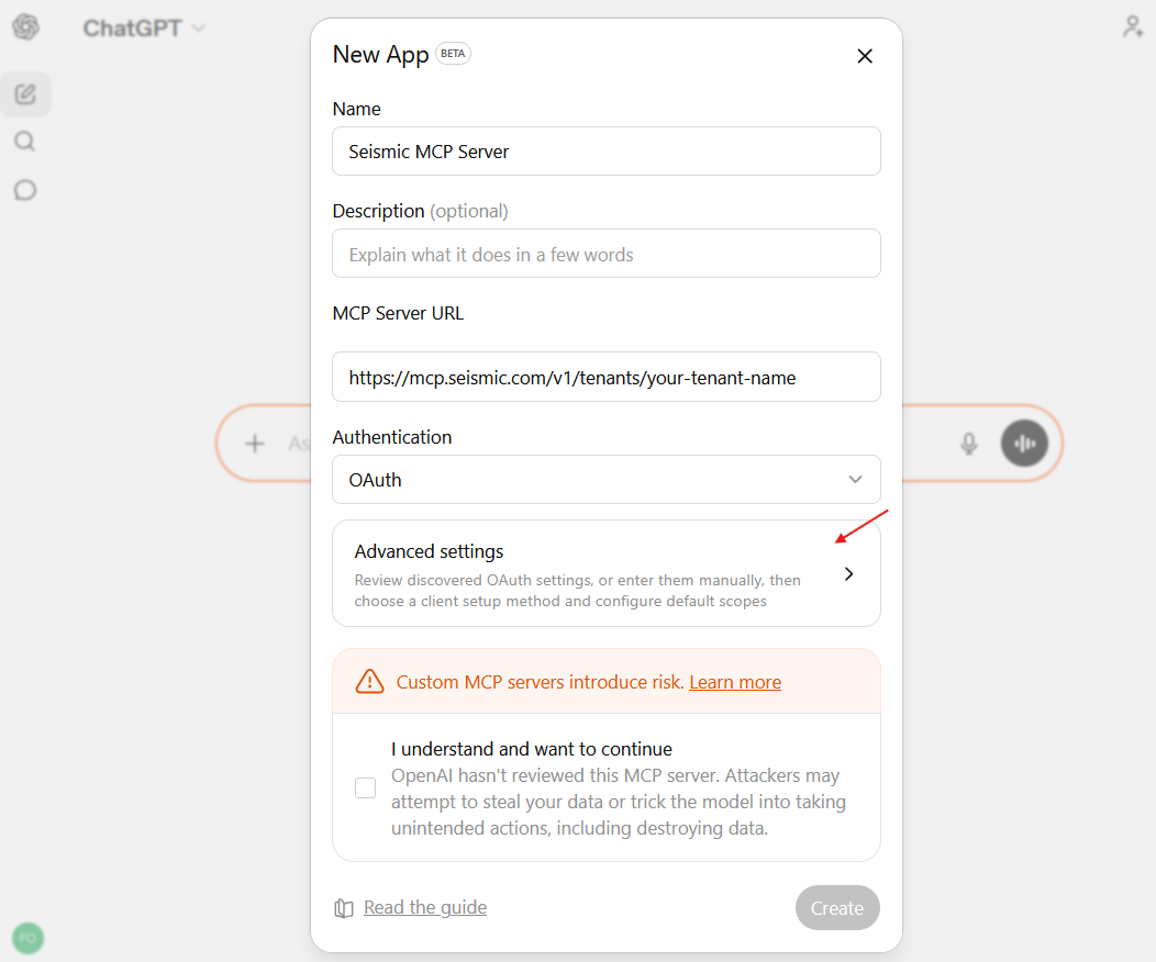 Enter Name, MCP Server url and click Advanced Settings to fill OAuth credentials