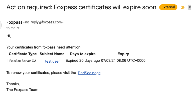 Email from the Foxpass team