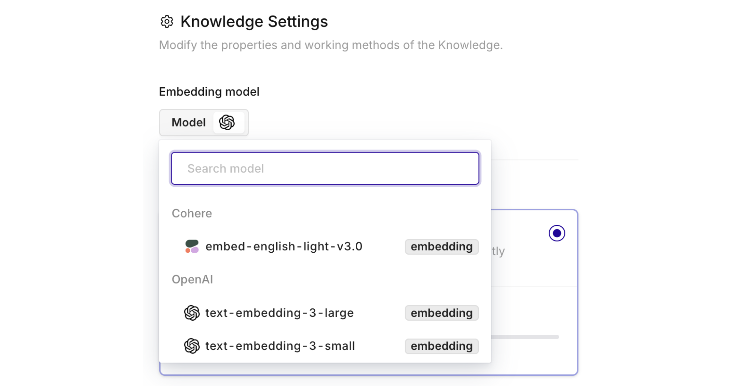 Here you can define which model to use. You need to have activated Embedding models within your [Model Garden](doc:model-garden-1).