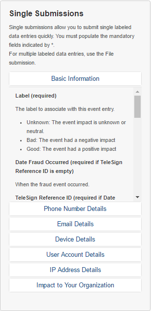 A screenshot of the Single tab open. Enter data in fields on left. Use Single Submissions on right for more information.