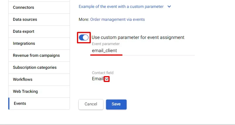 Custom parameter for event assignment