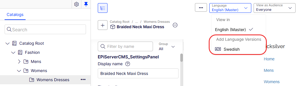 screenshot of the Catalogs page Language selector showing languages available for content creation
