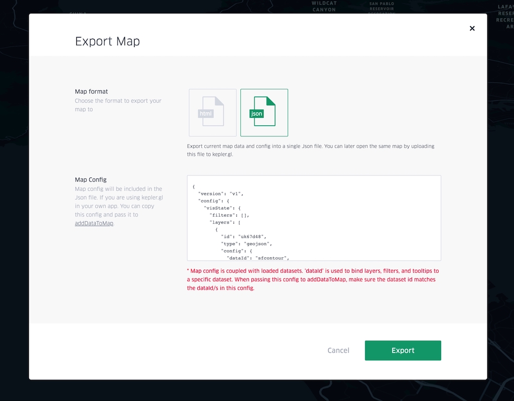 kepler.gl export map dialog