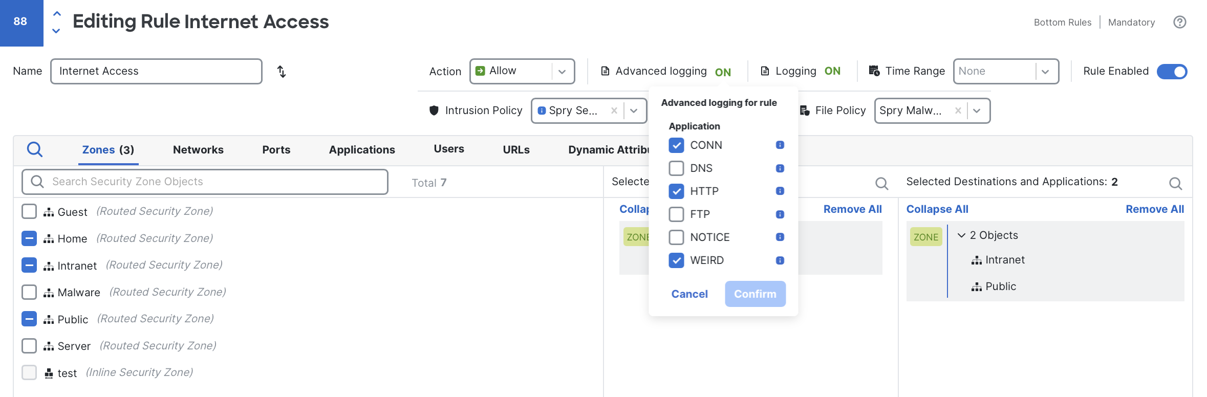 For this example rule, I have selected CONN, HTTP, and WEIRD logging.