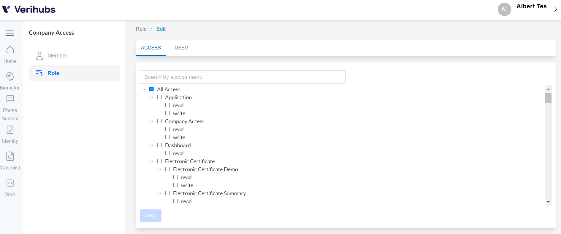 Role Access Page