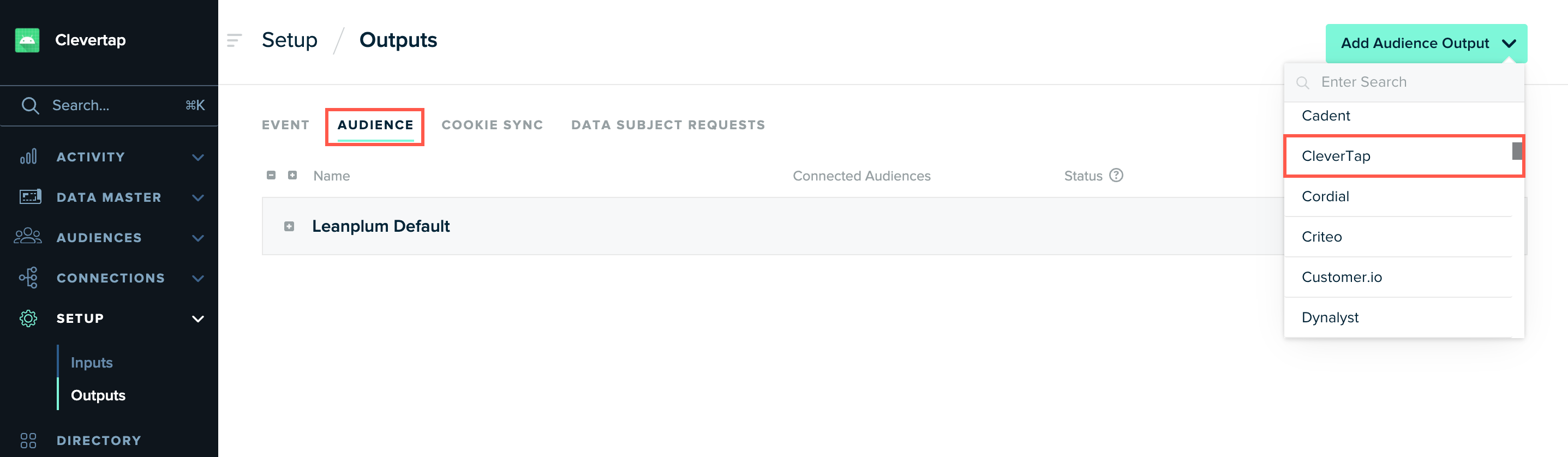 Select CleverTap for Audience Output on mParticle Dashboard