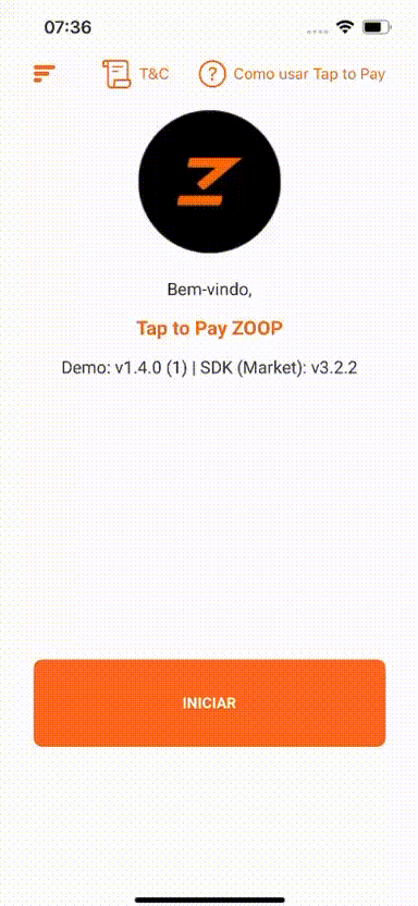 Fluxo de termos e condições do Tap to Pay no iPhone apresentado pelo SDK