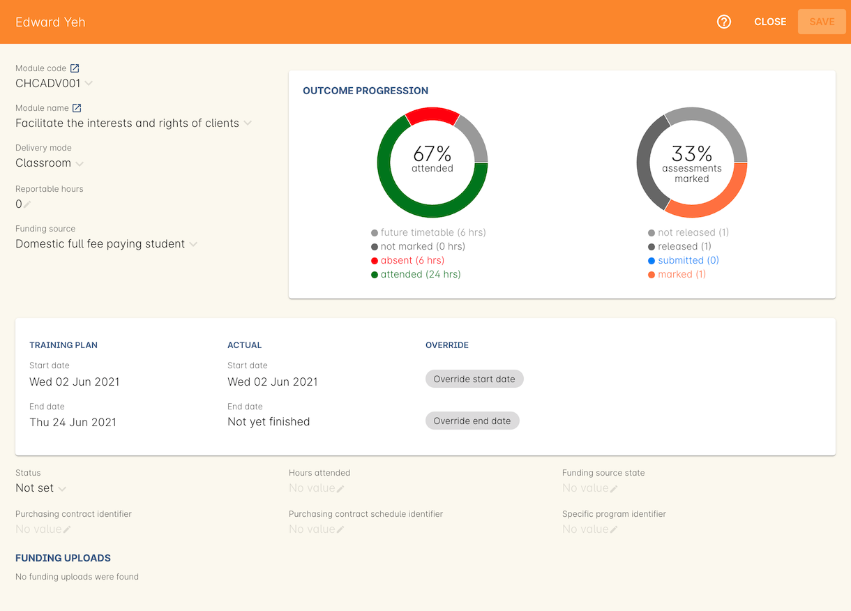 Figure 408. Cancelling an enrolment and deleting all unset outcomes