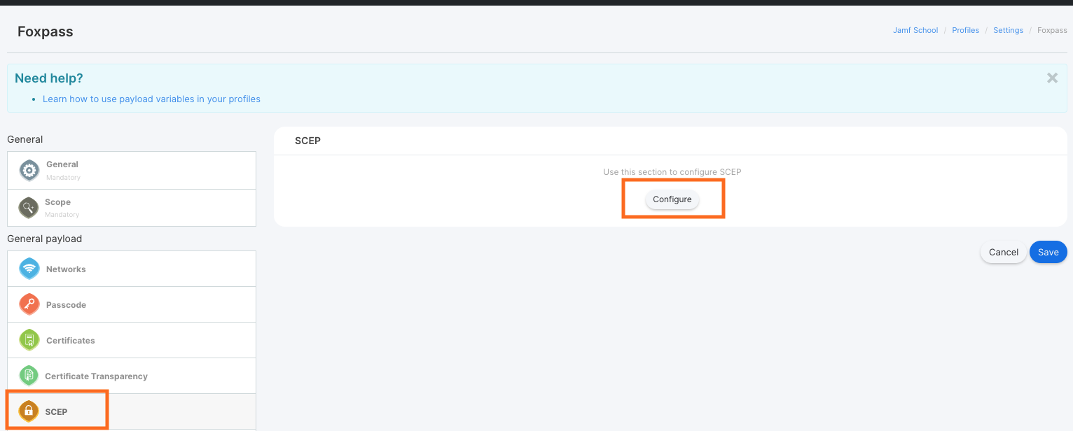 Configure SCEP payload