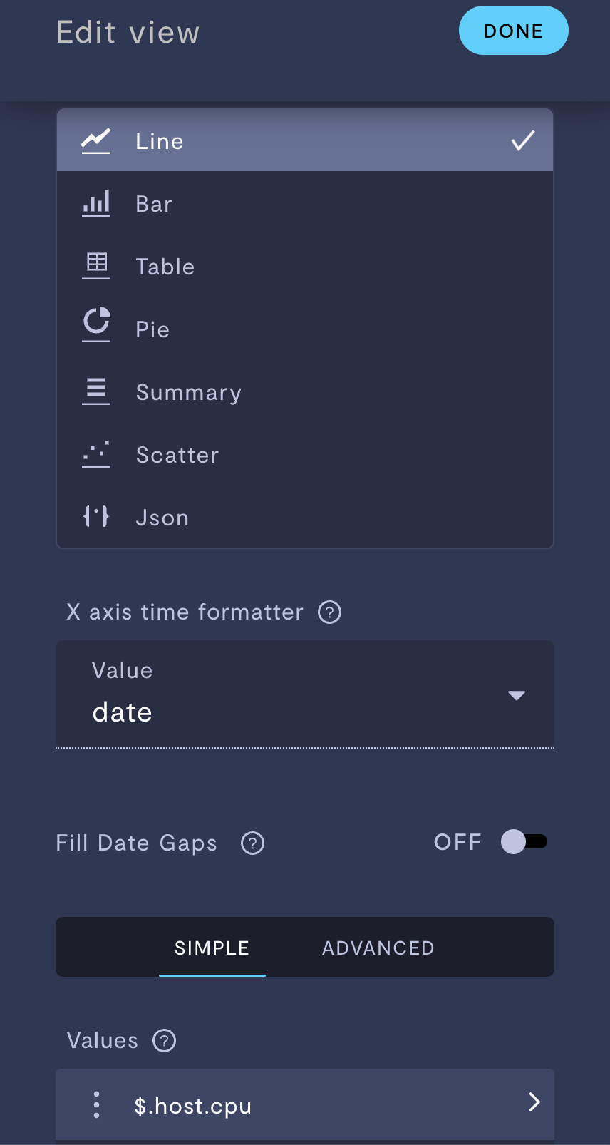 Sidebar configuration of an analytics module.