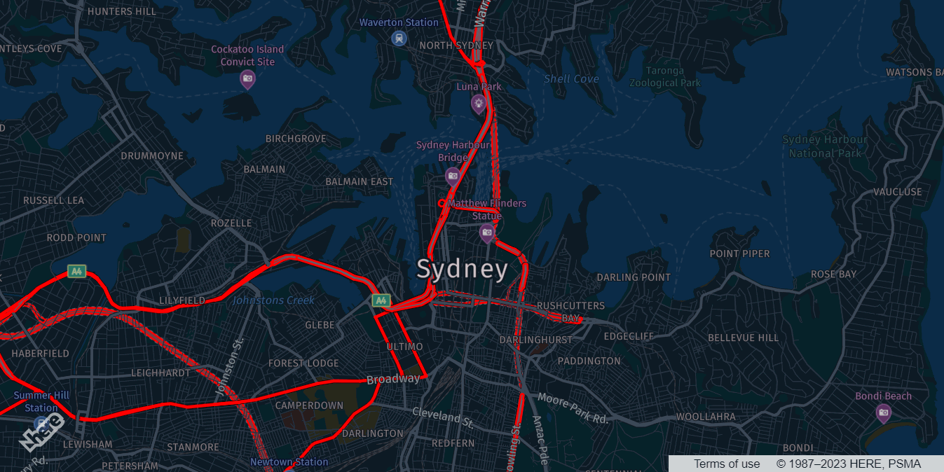 A map with a custom style imported from the HERE Style Editor