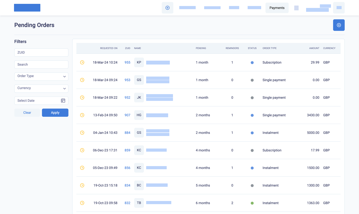 Display the pending orders list under payments