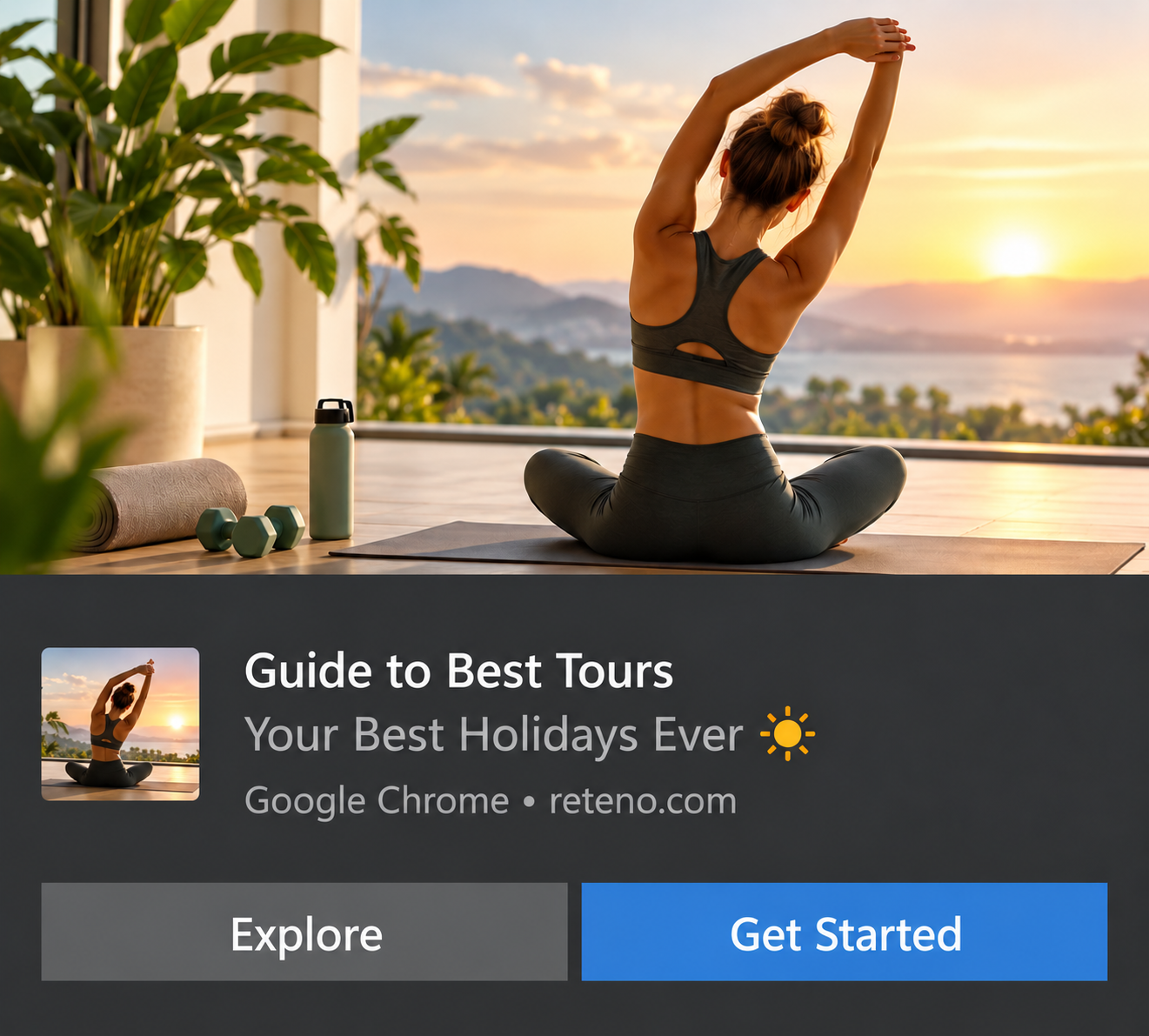 Example browser desktop notification with an image, a title, a description, and Explore and Liven Up buttons