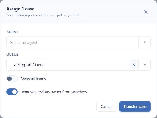 Unsaved handoff to Support Queue. Remove previous owner from Watchers is selected in this example.
