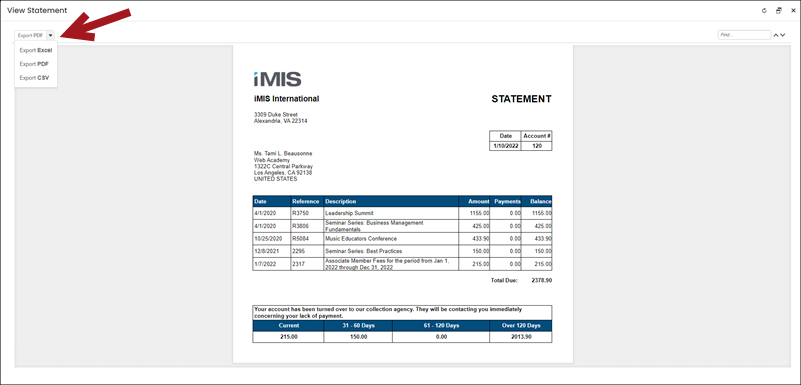 Choosing the file format for an account statement export