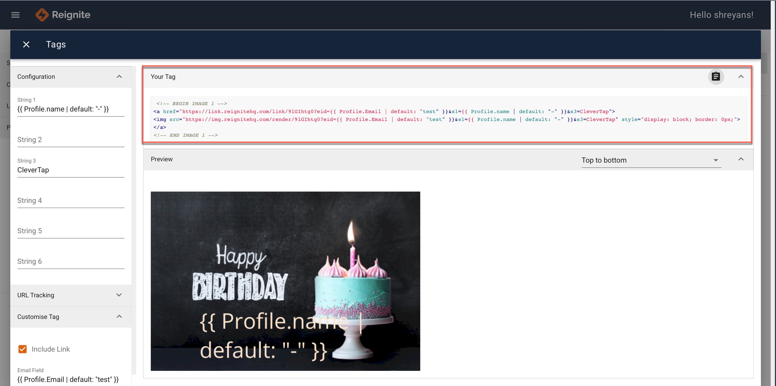 Copy the generated tag from Reignite to use in CleverTap.