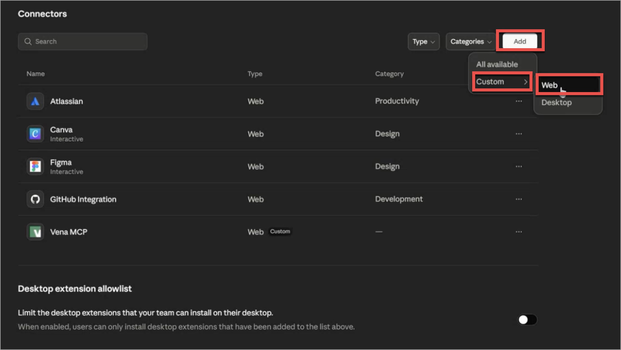 Select Add, Custom then Web 