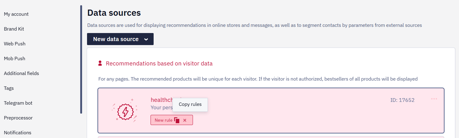 Data source card with the Copy rules tooltip on the rule