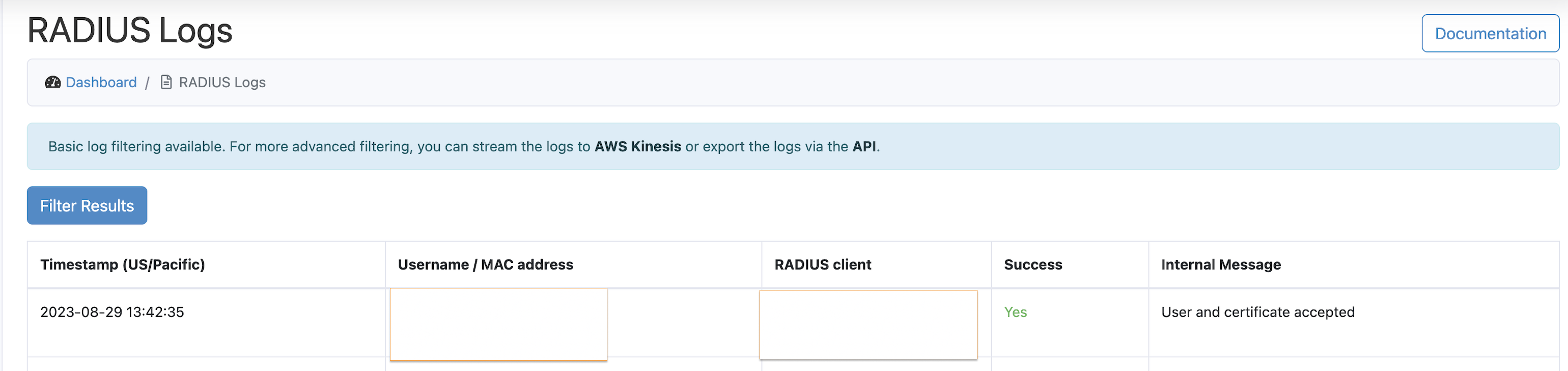 RADIUS logs page