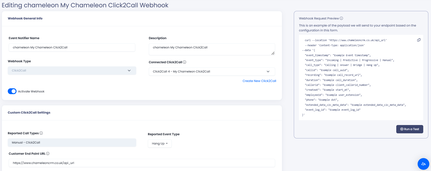 Screenshot with webhook settings