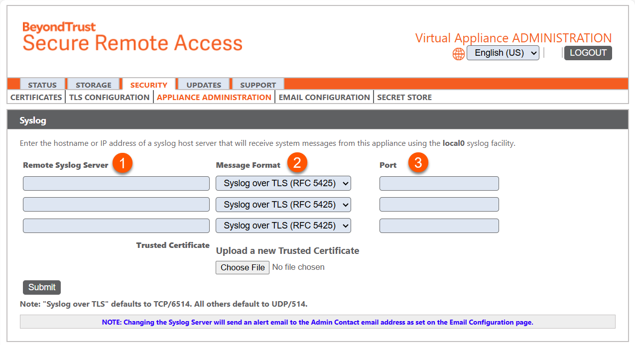 BeyondTrust Secure Remote Access Syslog configuration page. The interface allows users to enter the hostname or IP address of a syslog host server, choose the message format (e.g., Syslog over TLS), specify the port, and upload a new trusted certificate. A note at the bottom indicates that changing the Syslog Server will trigger an alert email to the Admin Contact email address.