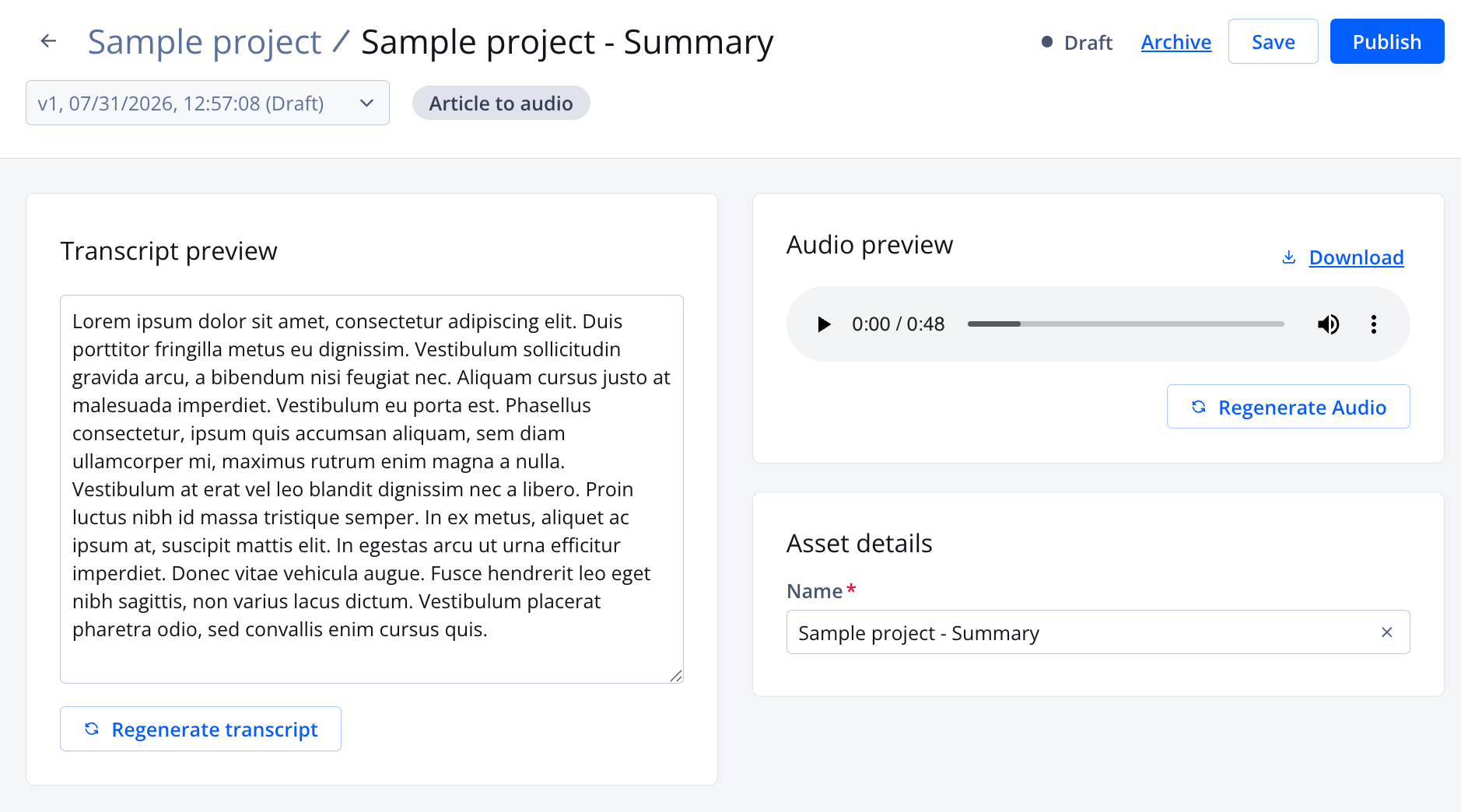 A project transformation page