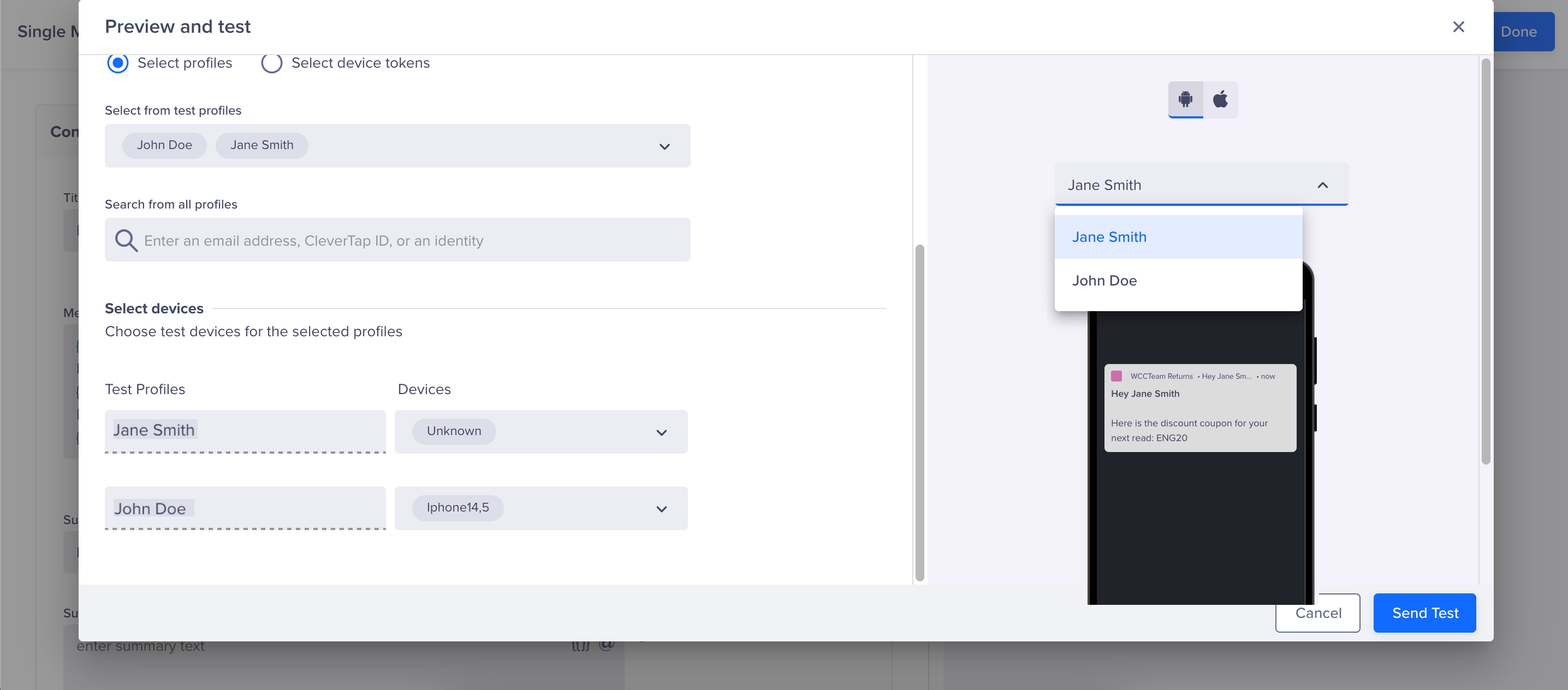 Select User Profile to Preview Campaign with Personalized Values