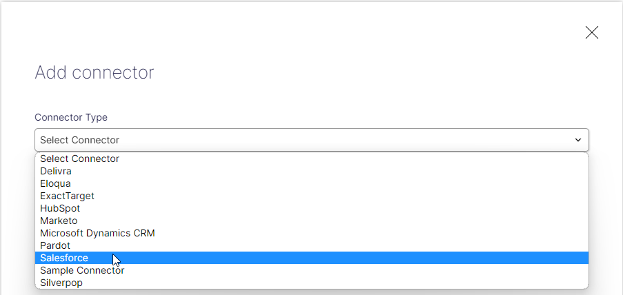Screenshot of the Add connector view where selecting a marketing automation connector type