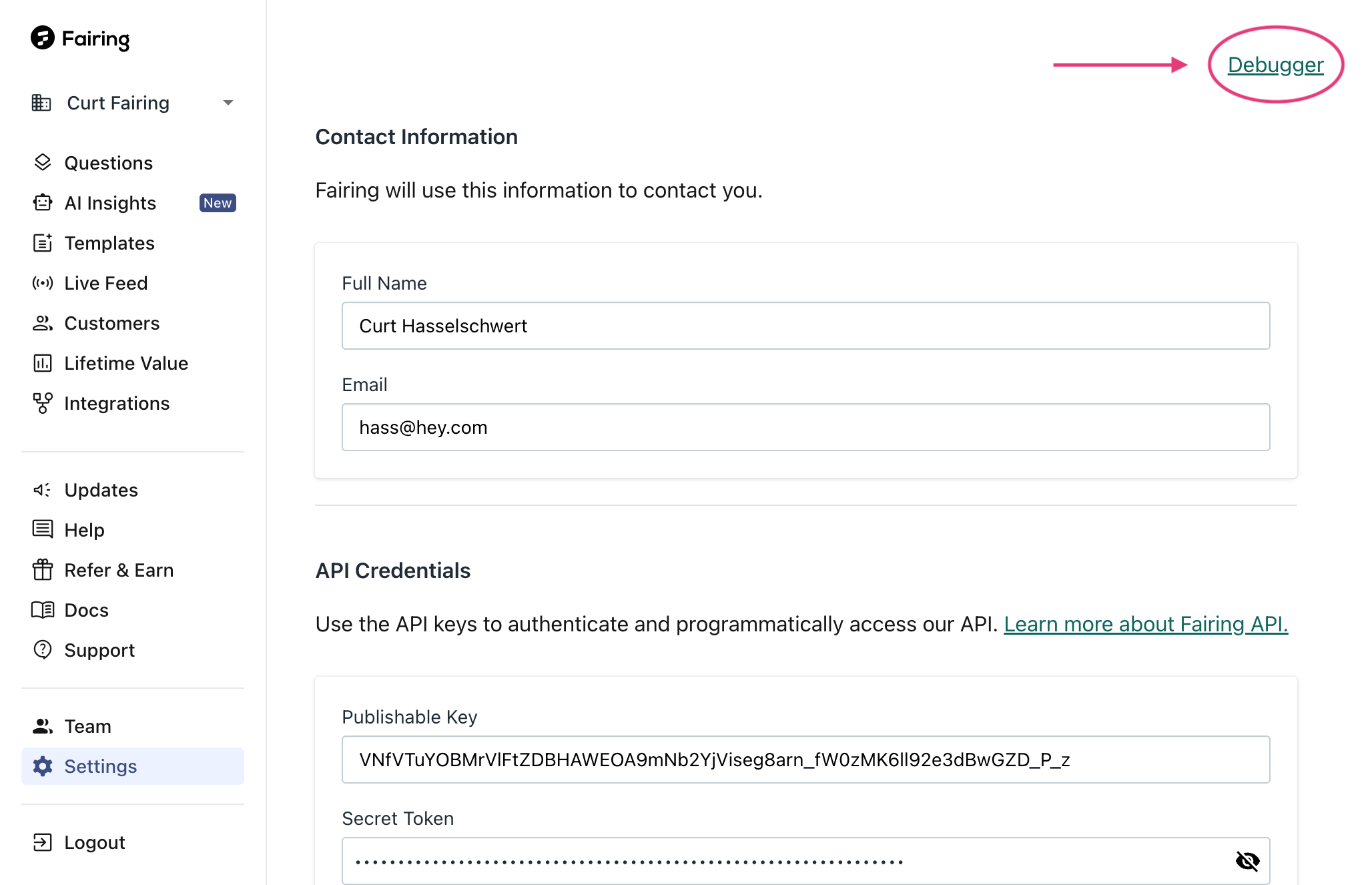 Debugger link location on the Settings page