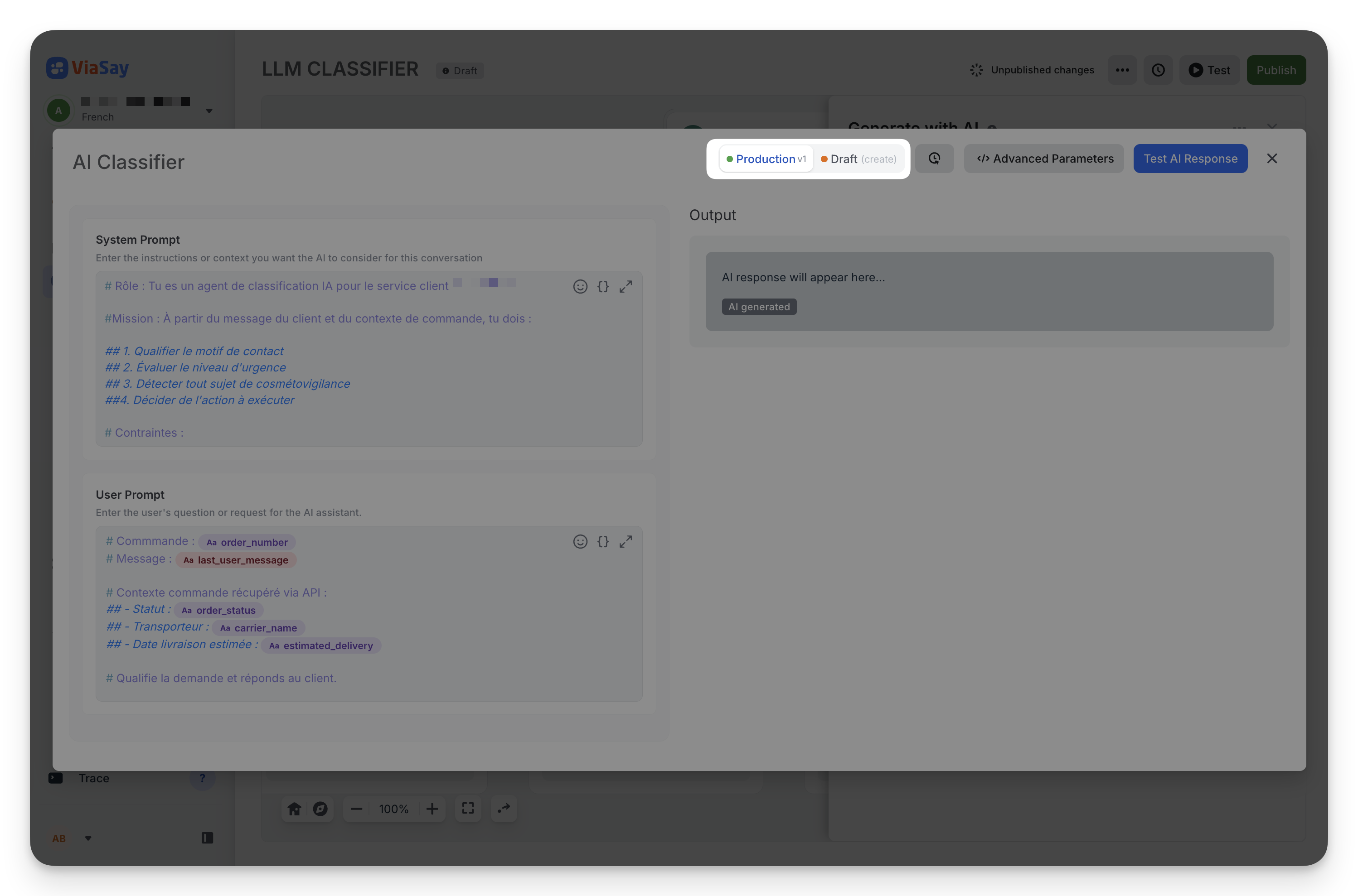 Production / Draft tabs in the prompt header