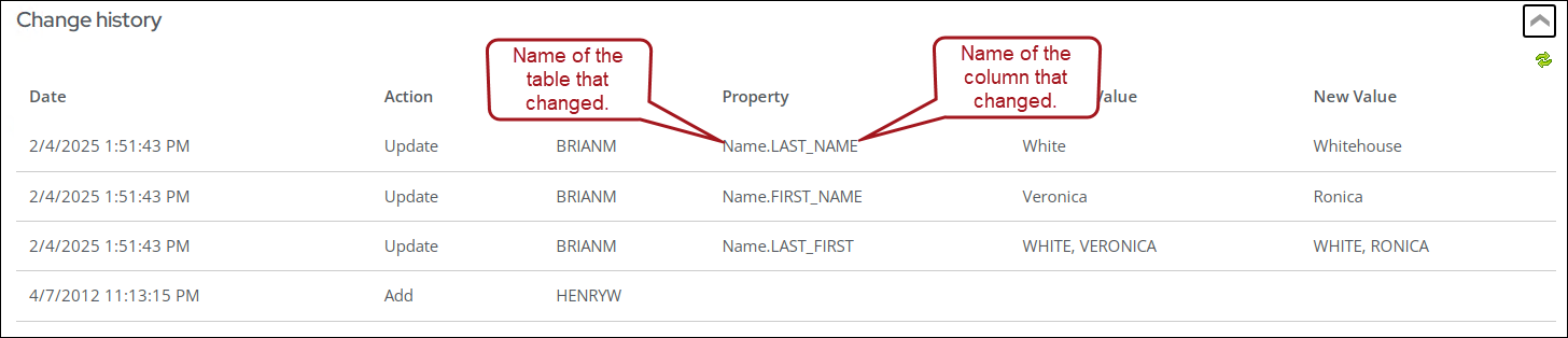 Example of how properties are formatted in the change log