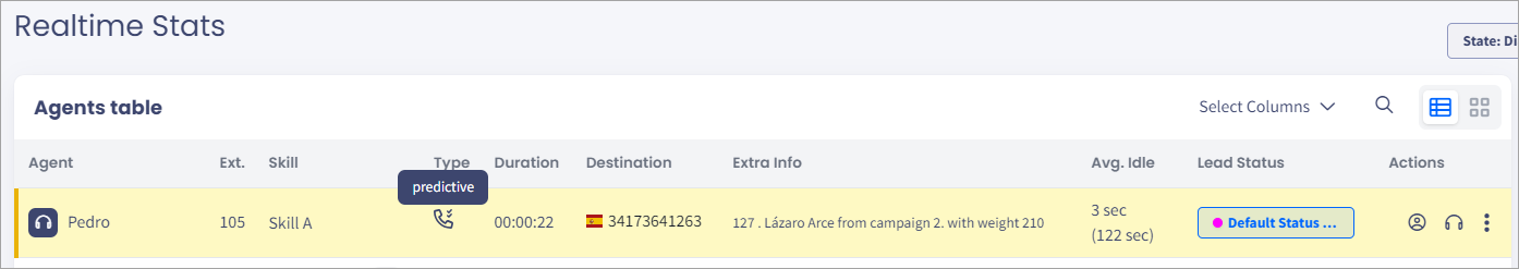 Screenshot with an agent row in Realtime Stats