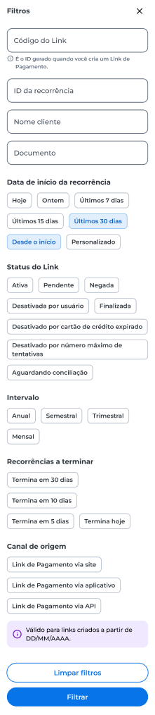 Painel de filtros da Gestão de recorrências