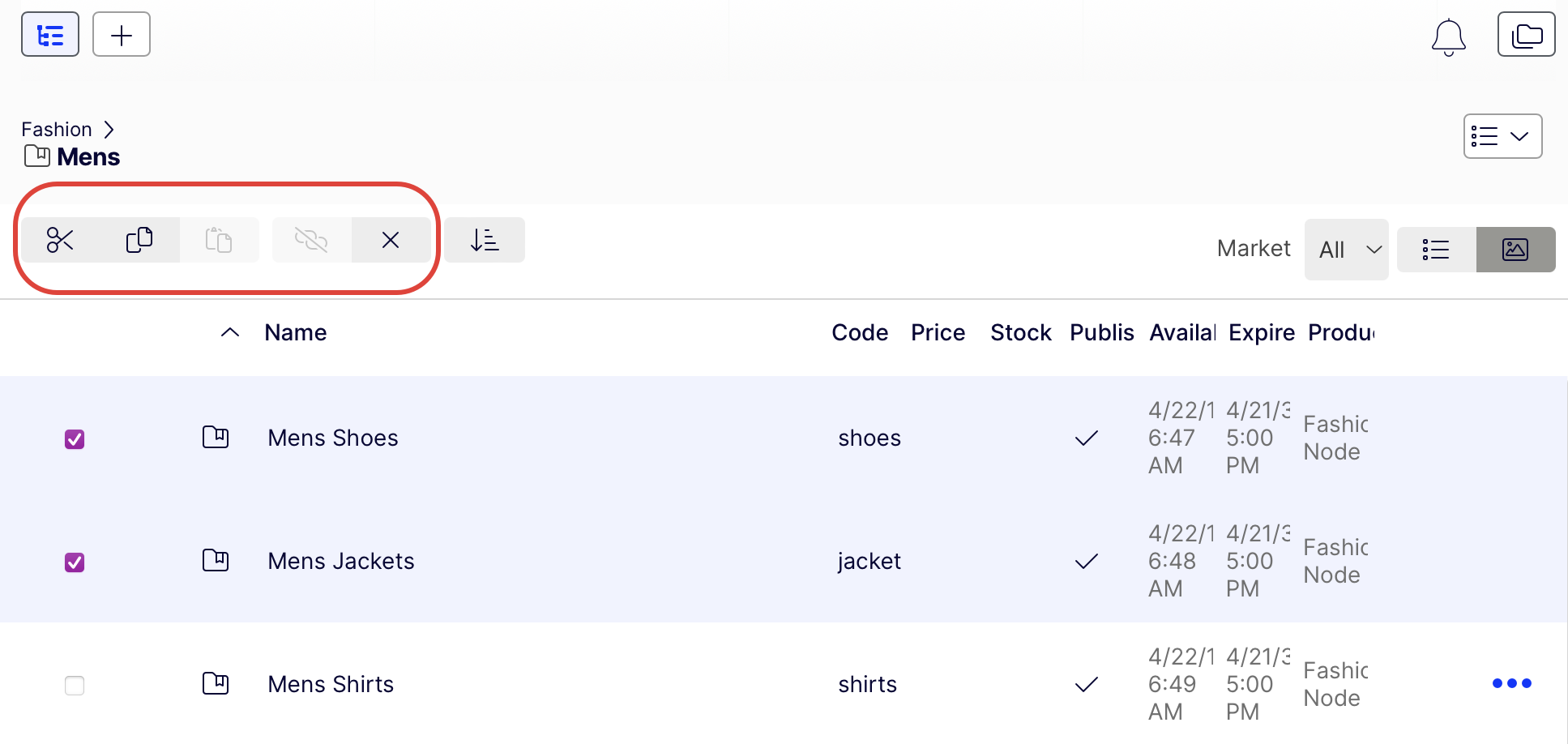 Screenshot of catalog entries selected for bulk operations like Cut, Copy, Paste, and Delete.