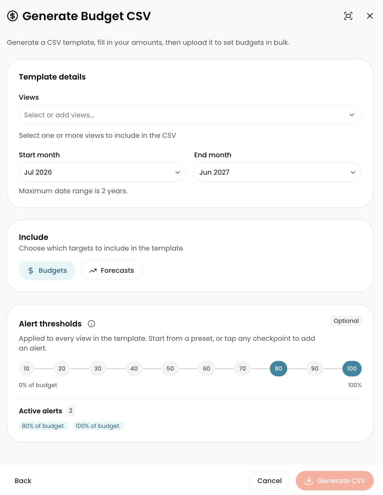 Generate Budget CSV modal showing Views selector, Include checkboxes, alert thresholds, and date range