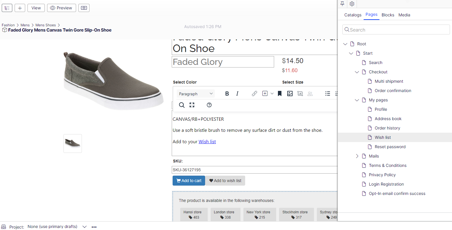 Screenshot of the Assets tab showing the Pages option for linking a CMS page to a product entry.