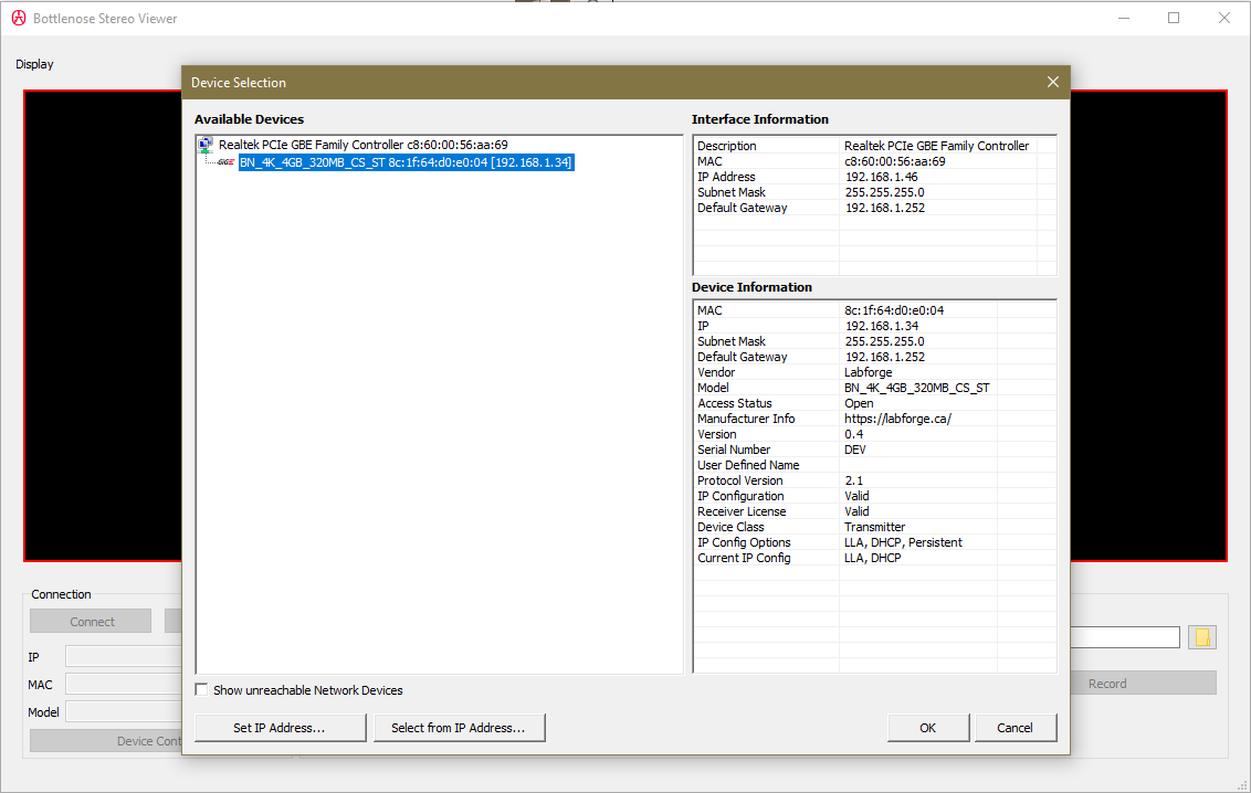 Stereo Viewer displaying available Bottlenose camera for selection