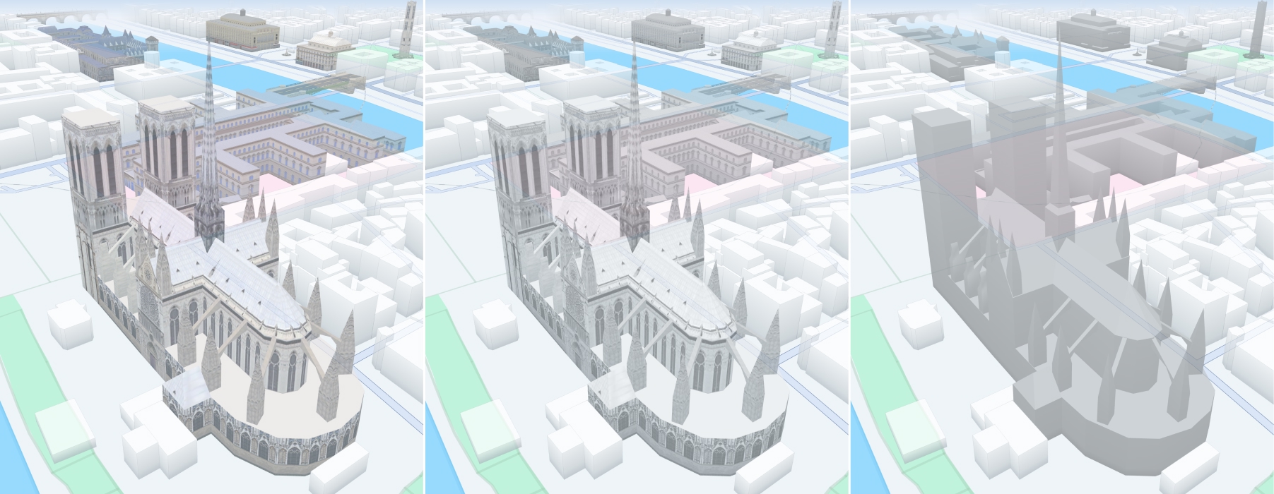Screenshots (from left to right): MapFeatures.LANDMARKS combined with MapFeatureModes.LANDMARKS_TEXTURED shows textured landmarks. When paired with MapFeatureModes.LANDMARKS_TEXTURELESS shows textureless landmarks. When paired with MapFeatureModes.LANDMARKS_GRAYSCALE shows landmark textures in grayscale.