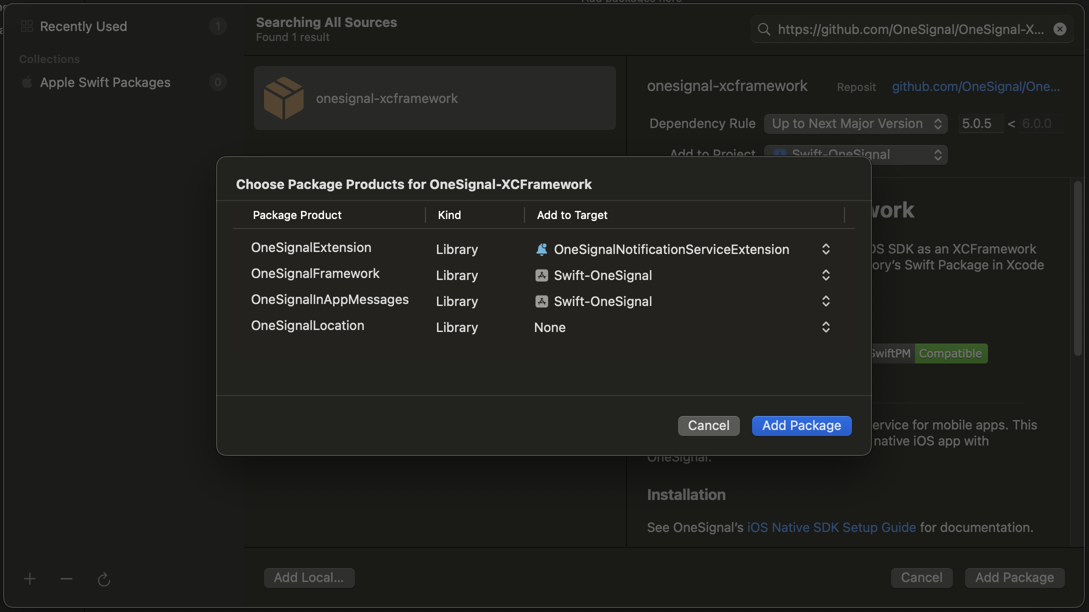 In this example, we exclude the OneSignalLocation library and therefore will not have access to storing location within OneSignal.