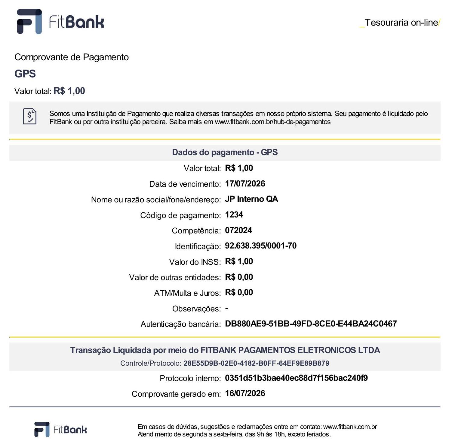 Example receipt - GeneratePaymentGPS