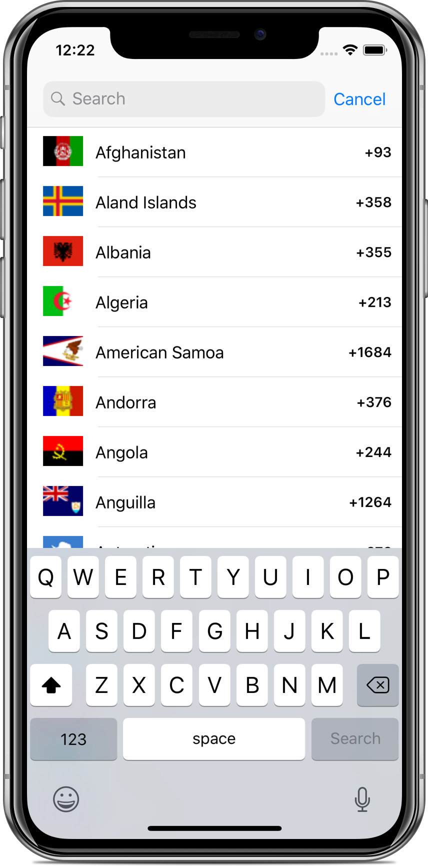 A screenshot of a county code picker that appears when the country code field is selected.