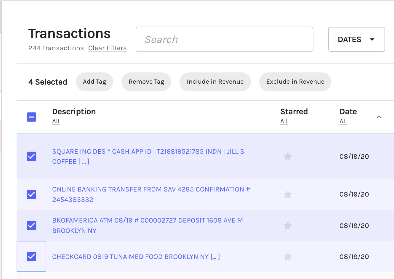 Bulk action feature on the Transactions page