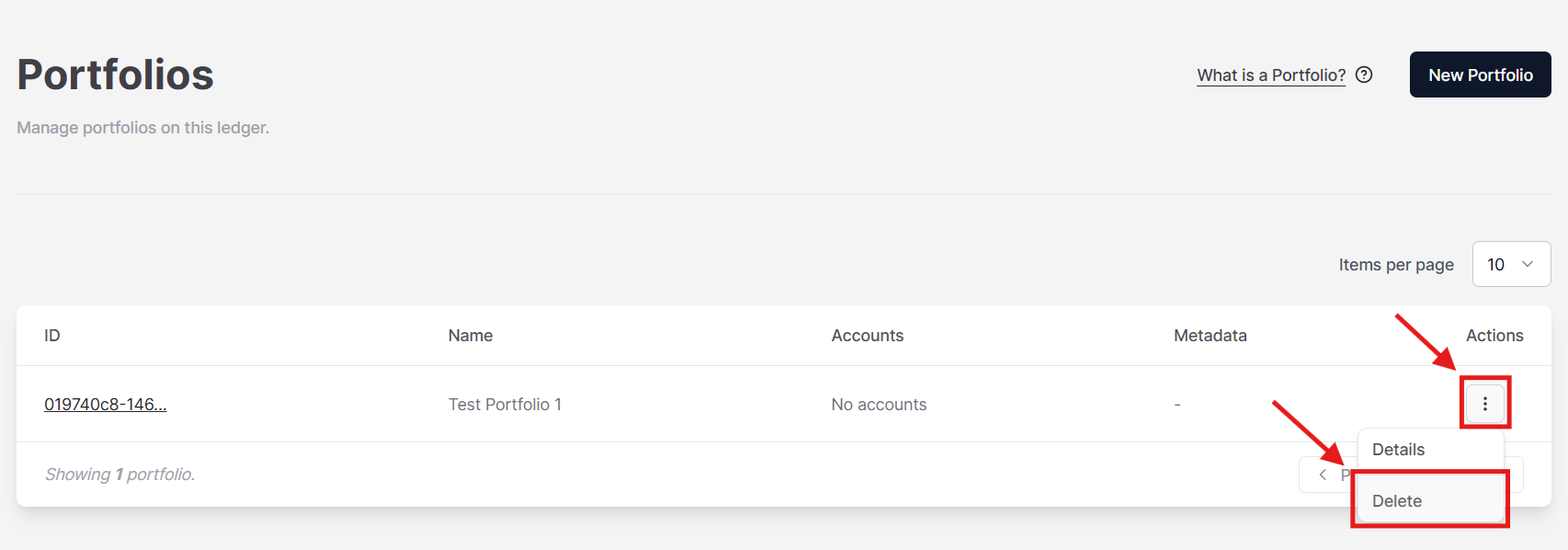 Figure 1. The option to delete a portfolio on the Actions menu.